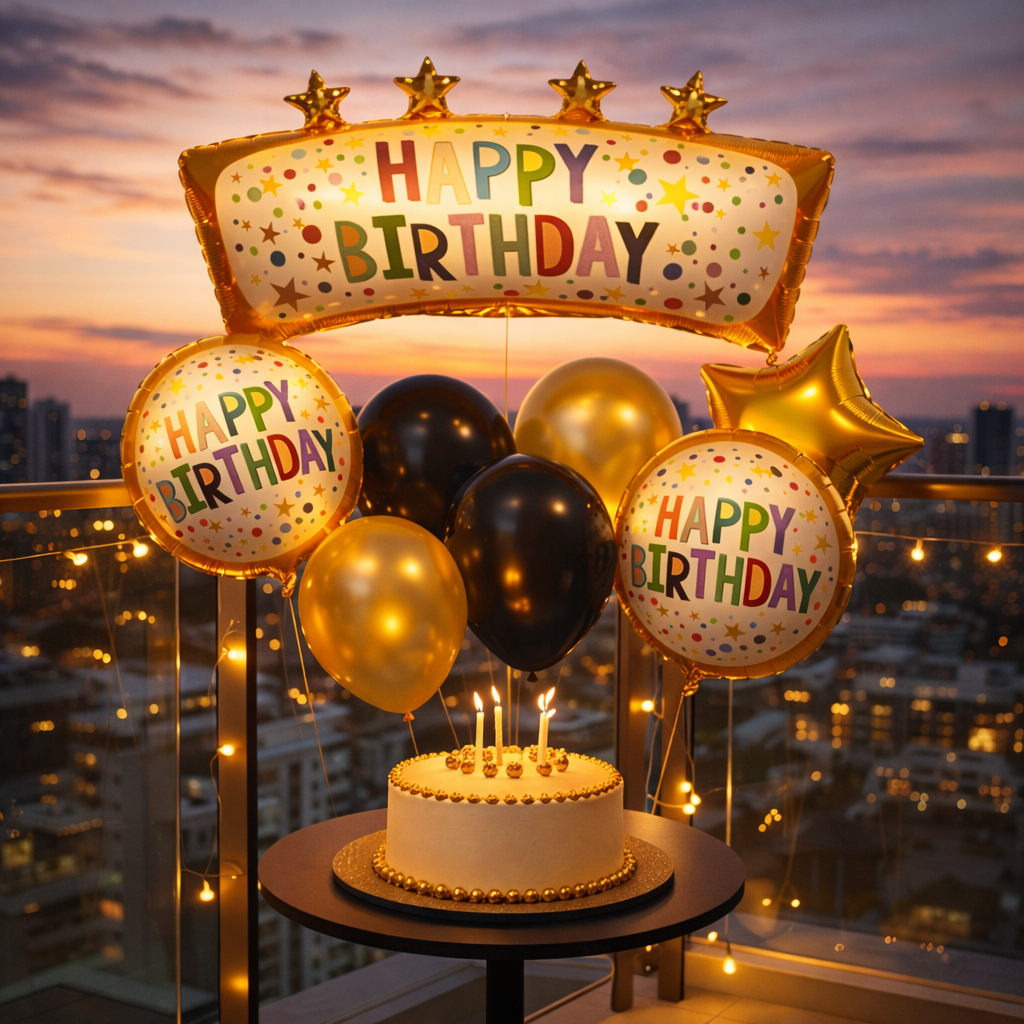 Happy Birthday Golden Block & Star Balloon Set of 8 | Black Gold Birthday Decoration Kit | Foil & Latex Balloons