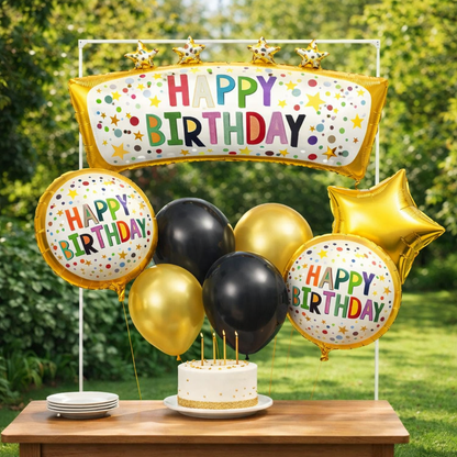 Happy Birthday Golden Block & Star Balloon Set of 8 | Black Gold Birthday Decoration Kit | Foil & Latex Balloons