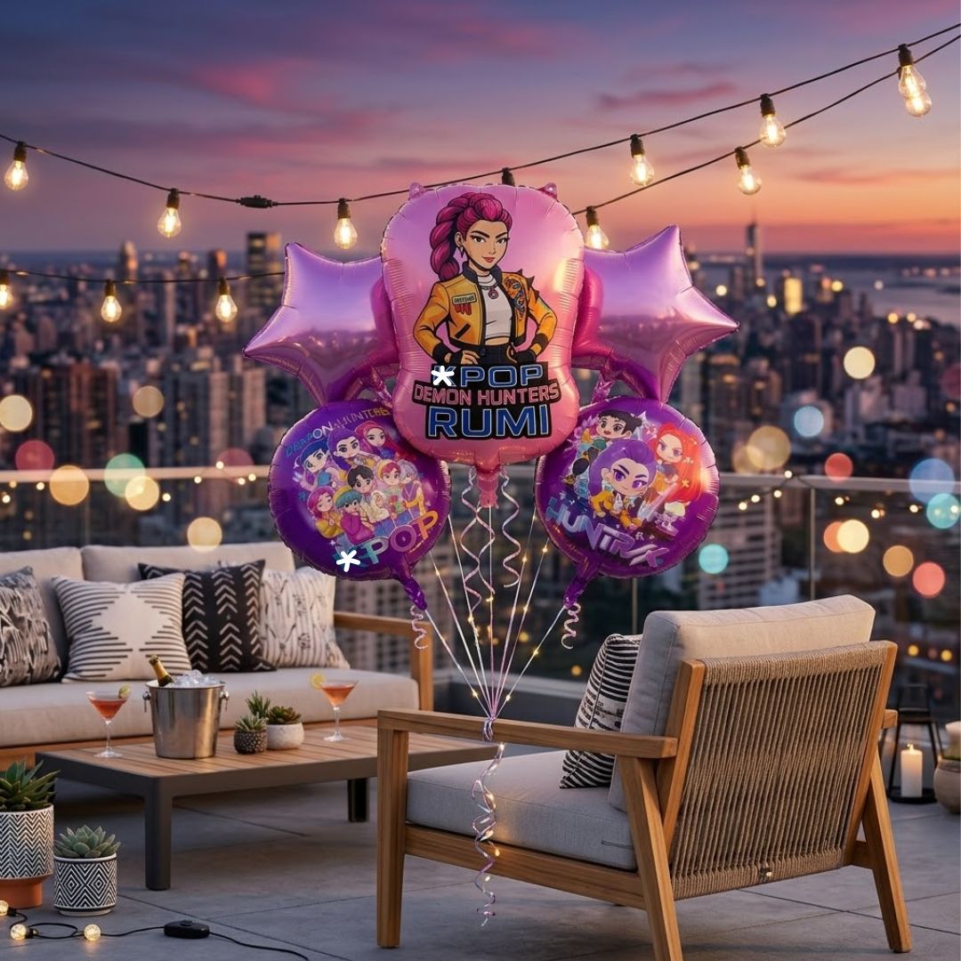 Korean Pop Demon Huntrix Theme Foil Balloon Set of 5 | Music Theme Party Balloons | Kids Birthday Decoration