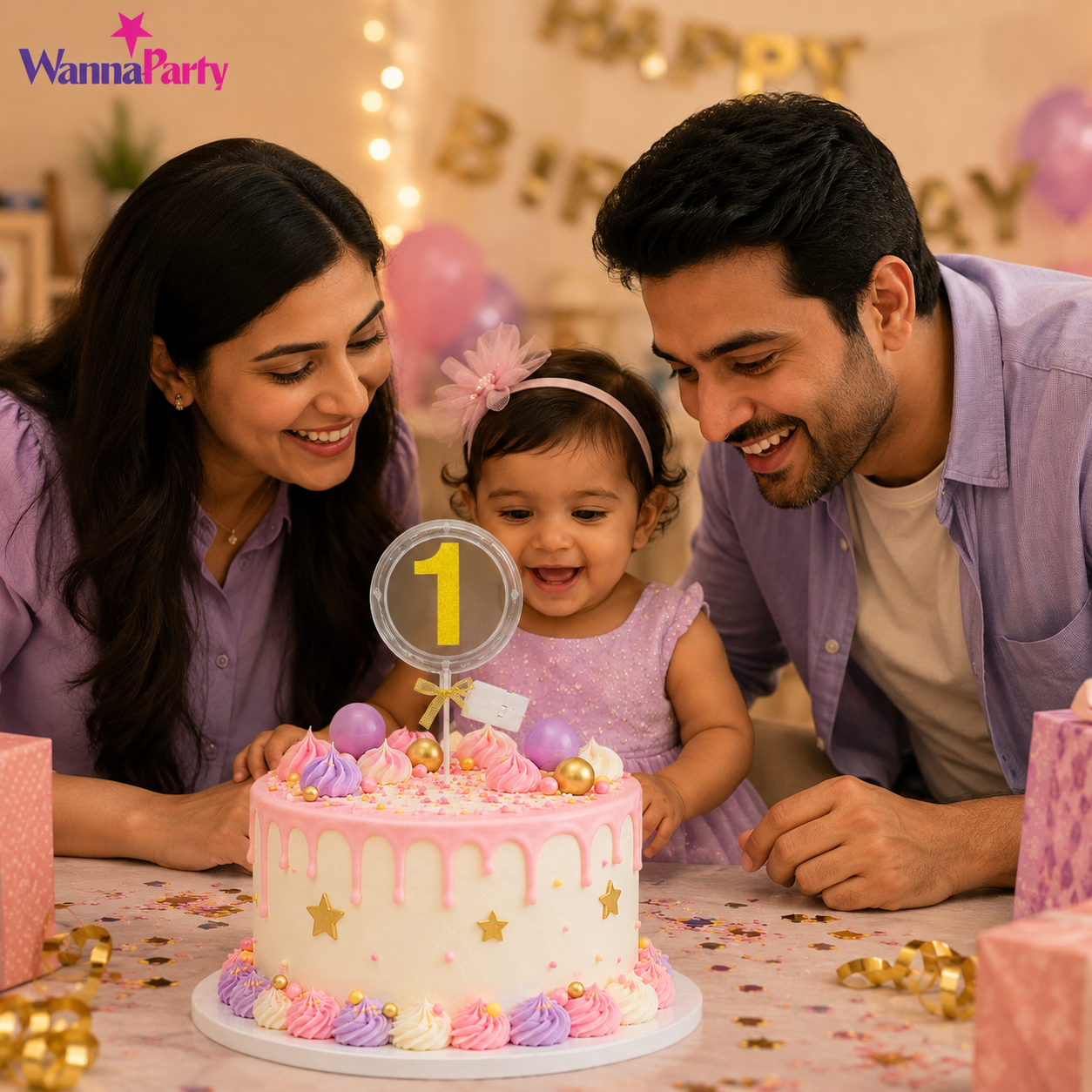 Round Light Up Golden Number 1 LED Cake Topper | Golden Glitter Number with built in light string & Bow | Cake Decoration Kit - 1PC