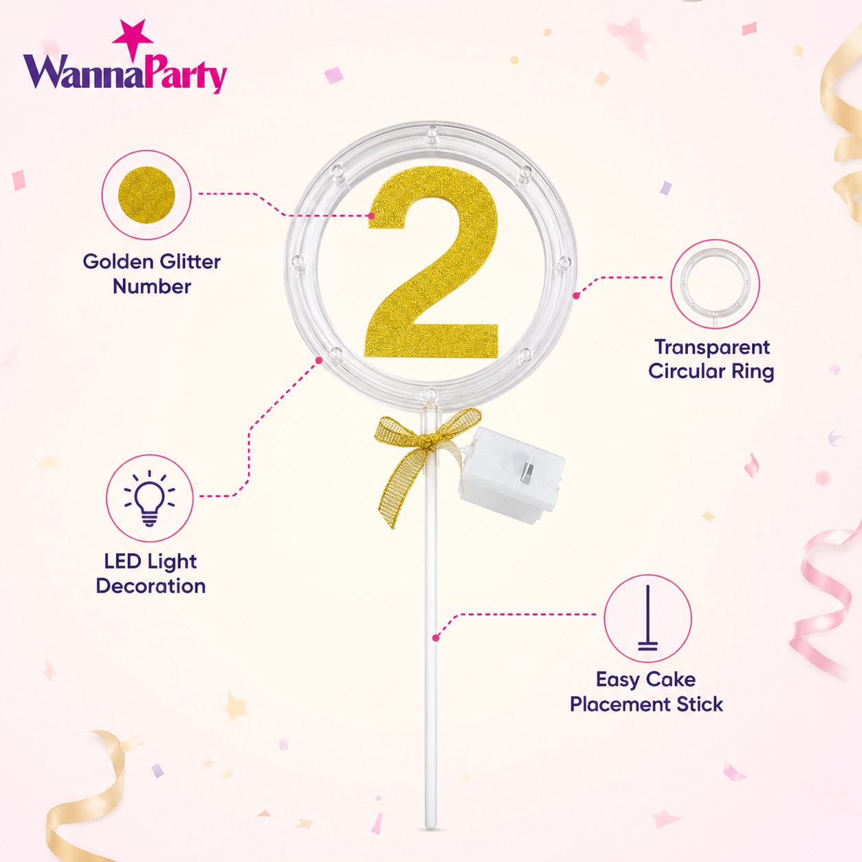 Round Light Up Golden Number 2 LED Cake Topper | Golden Glitter Number with built in light string & Bow | Cake Decoration Kit - 1PC