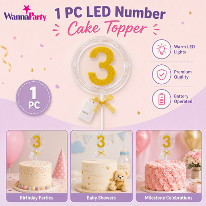 Round Light Up Golden Number 3 LED Cake Topper | Golden Glitter Number with built in light string & Bow | Cake Decoration Kit - 1PC