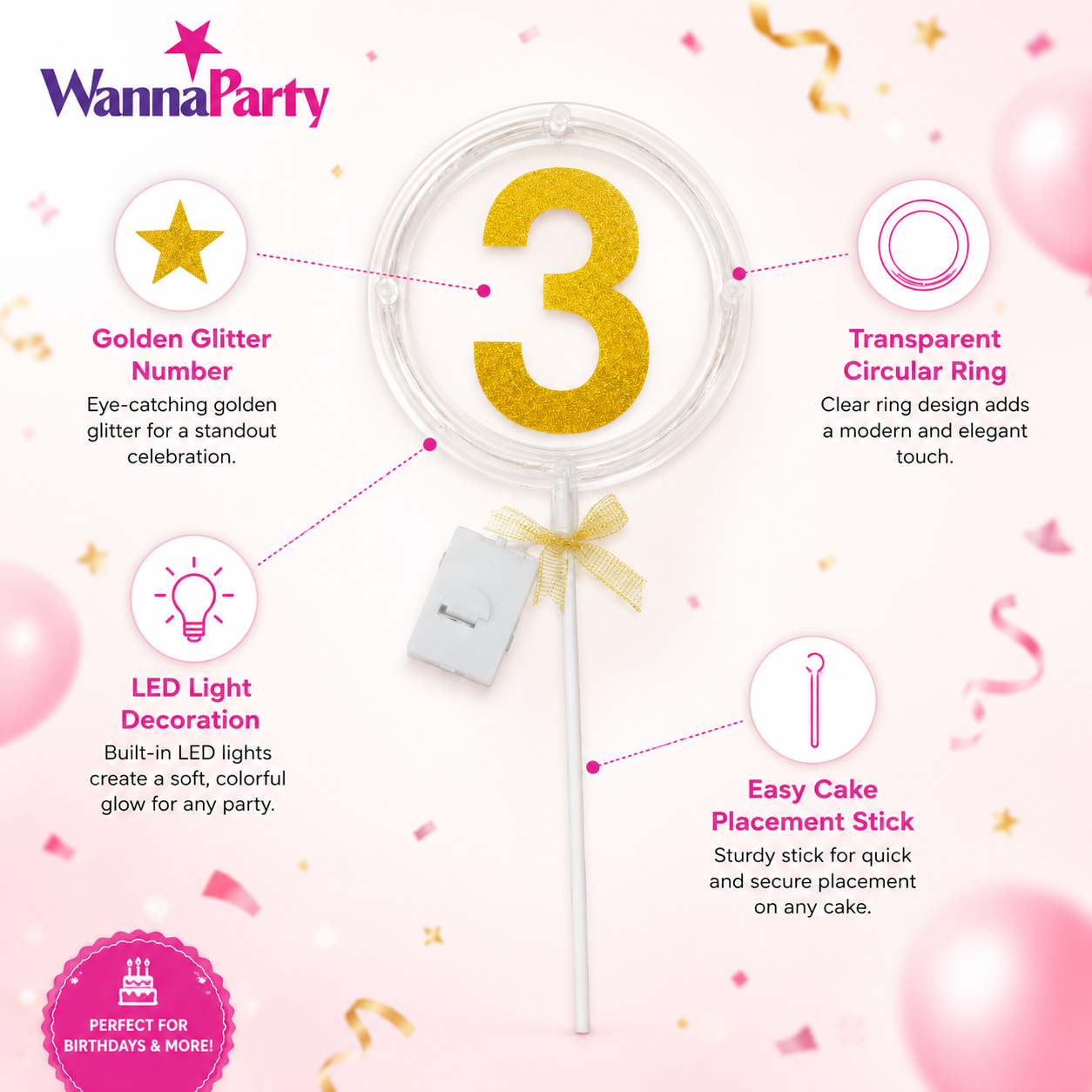 Round Light Up Golden Number 3 LED Cake Topper | Golden Glitter Number with built in light string & Bow | Cake Decoration Kit - 1PC