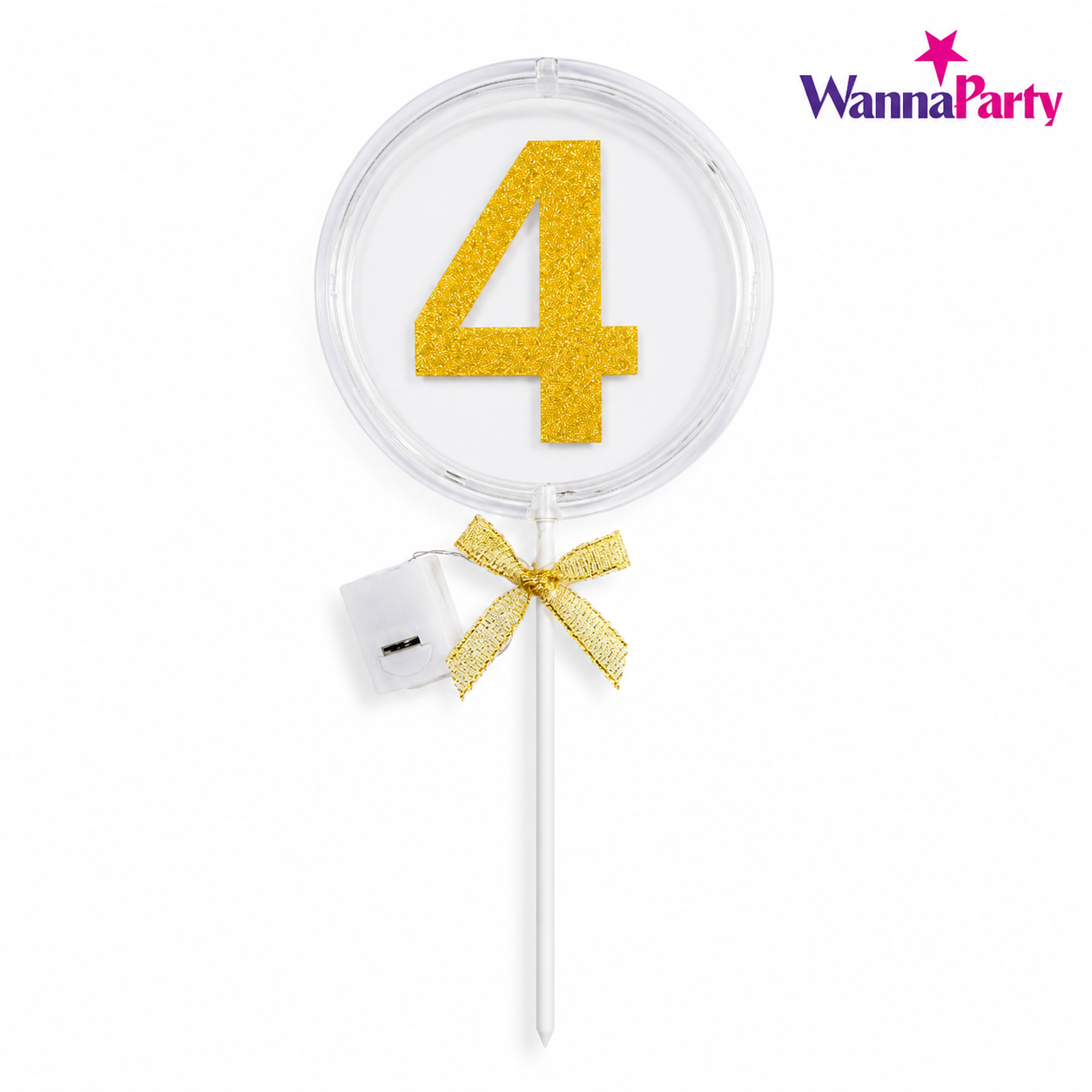 Round Light Up Golden Number 4 LED Cake Topper | Golden Glitter Number with built in light string & Bow | Cake Decoration Kit - 1PC