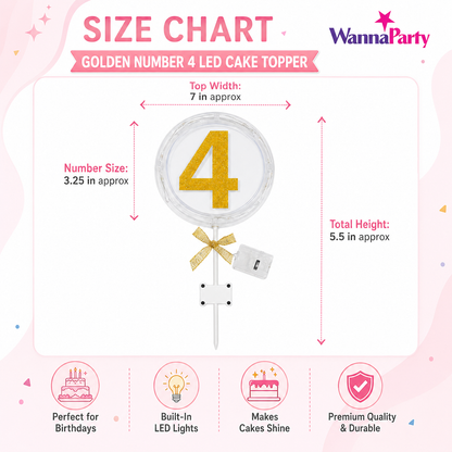 Round Light Up Golden Number 4 LED Cake Topper | Golden Glitter Number with built in light string & Bow | Cake Decoration Kit - 1PC