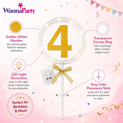 Round Light Up Golden Number 4 LED Cake Topper | Golden Glitter Number with built in light string & Bow | Cake Decoration Kit - 1PC