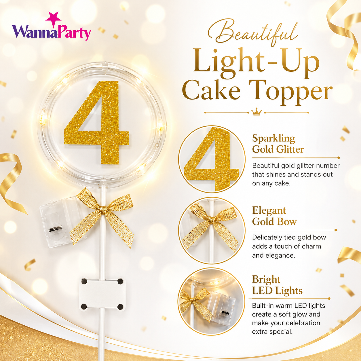 Round Light Up Golden Number 4 LED Cake Topper | Golden Glitter Number with built in light string & Bow | Cake Decoration Kit - 1PC