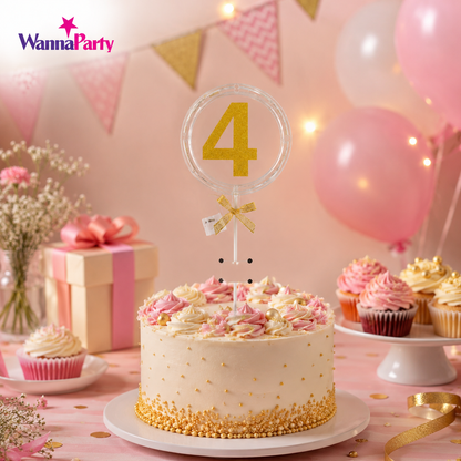 Round Light Up Golden Number 4 LED Cake Topper | Golden Glitter Number with built in light string & Bow | Cake Decoration Kit - 1PC