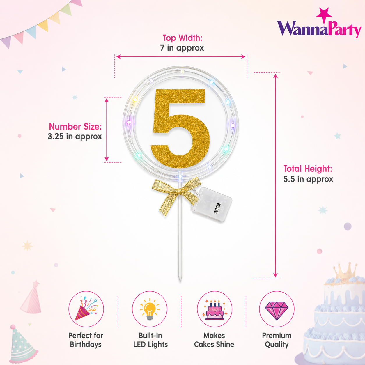 Round Light Up Golden Number 5 LED Cake Topper | Golden Glitter Number with built in light string & Bow | Cake Decoration Kit - 1PC