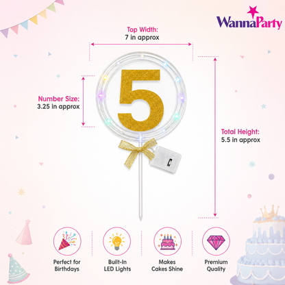 Round Light Up Golden Number 5 LED Cake Topper | Golden Glitter Number with built in light string & Bow | Cake Decoration Kit - 1PC