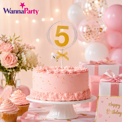 Round Light Up Golden Number 5 LED Cake Topper | Golden Glitter Number with built in light string & Bow | Cake Decoration Kit - 1PC