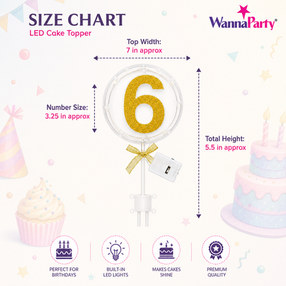 Round Light Up Golden Number 6 LED Cake Topper | Golden Glitter Number with built in light string & Bow | Cake Decoration Kit - 1PC