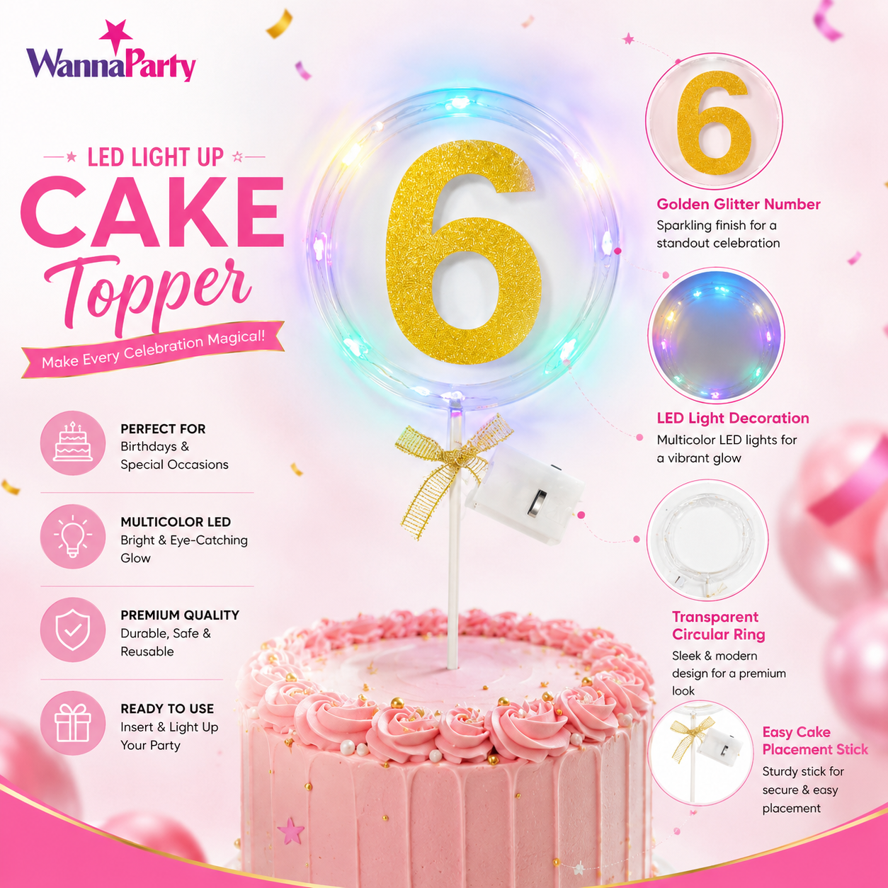 Round Light Up Golden Number 6 LED Cake Topper | Golden Glitter Number with built in light string & Bow | Cake Decoration Kit - 1PC
