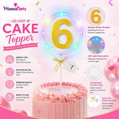Round Light Up Golden Number 6 LED Cake Topper | Golden Glitter Number with built in light string & Bow | Cake Decoration Kit - 1PC