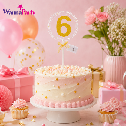 Round Light Up Golden Number 6 LED Cake Topper | Golden Glitter Number with built in light string & Bow | Cake Decoration Kit - 1PC