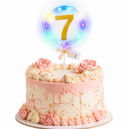 Round Light Up Golden Number 7 LED Cake Topper | Golden Glitter Number with built in light string & Bow | Cake Decoration Kit - 1PC