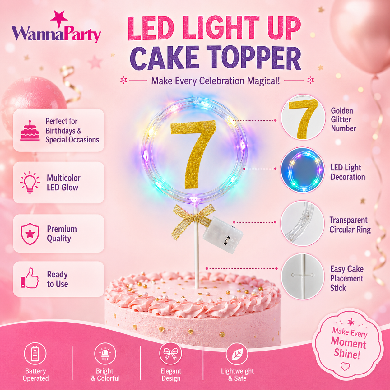 Round Light Up Golden Number 7 LED Cake Topper | Golden Glitter Number with built in light string & Bow | Cake Decoration Kit - 1PC