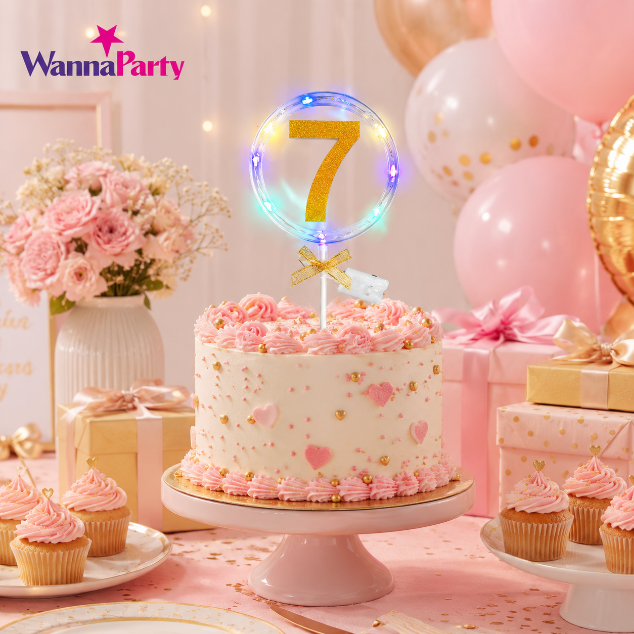 Round Light Up Golden Number 7 LED Cake Topper | Golden Glitter Number with built in light string & Bow | Cake Decoration Kit - 1PC