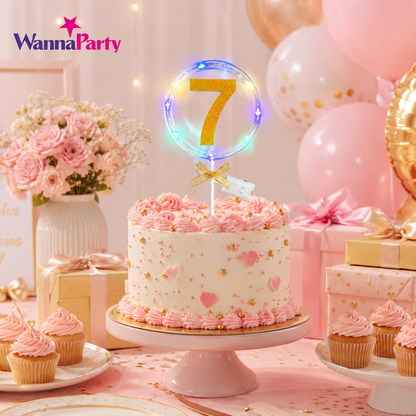 Round Light Up Golden Number 7 LED Cake Topper | Golden Glitter Number with built in light string & Bow | Cake Decoration Kit - 1PC