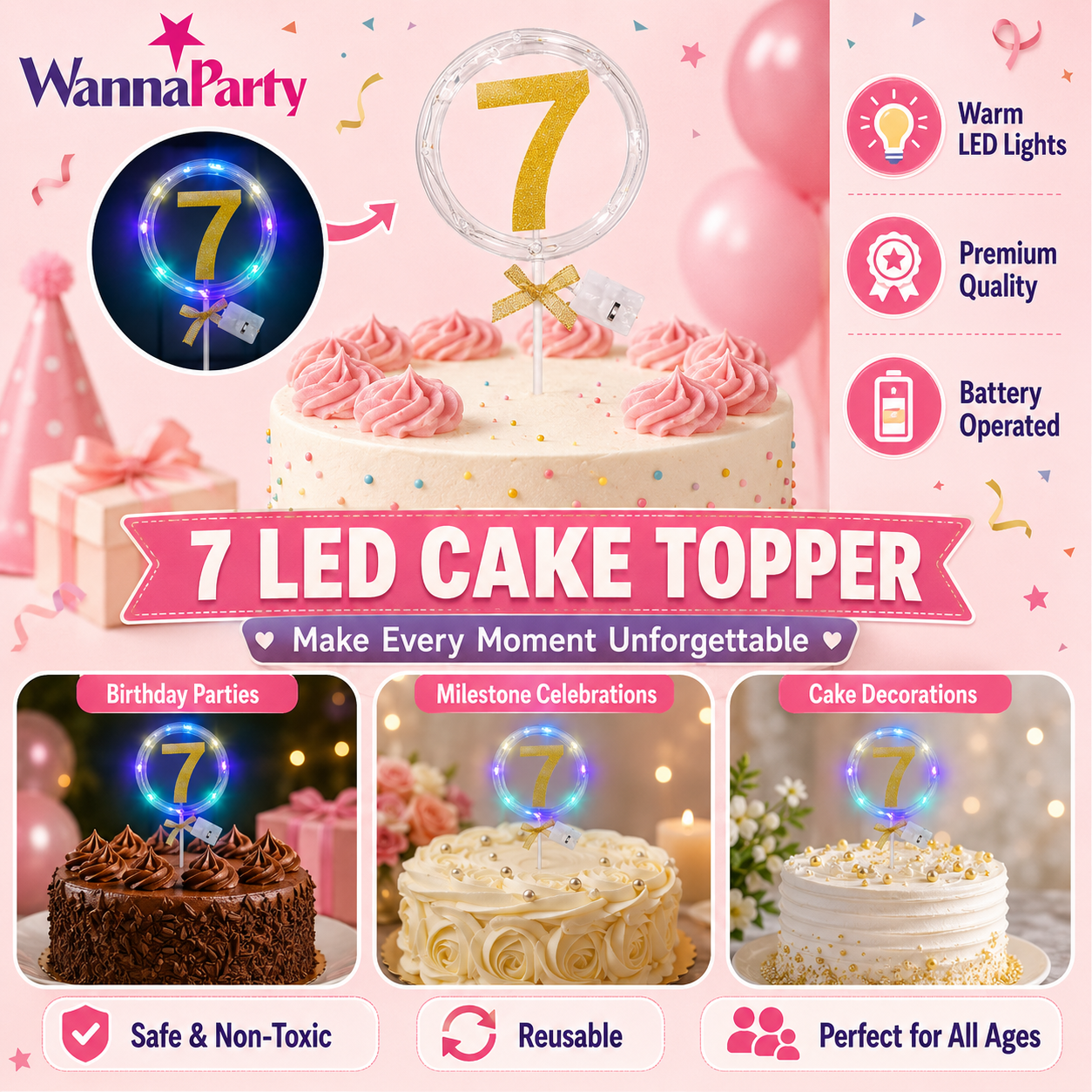 Round Light Up Golden Number 7 LED Cake Topper | Golden Glitter Number with built in light string & Bow | Cake Decoration Kit - 1PC