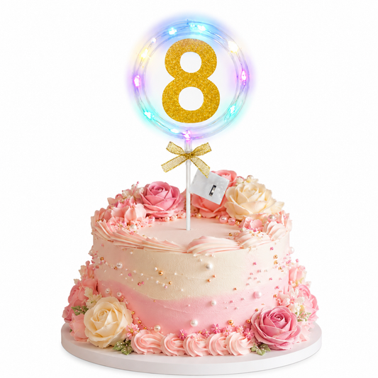Round Light Up Golden Number 8 LED Cake Topper | Golden Glitter Number with built in light string & Bow | Cake Decoration Kit - 1PC