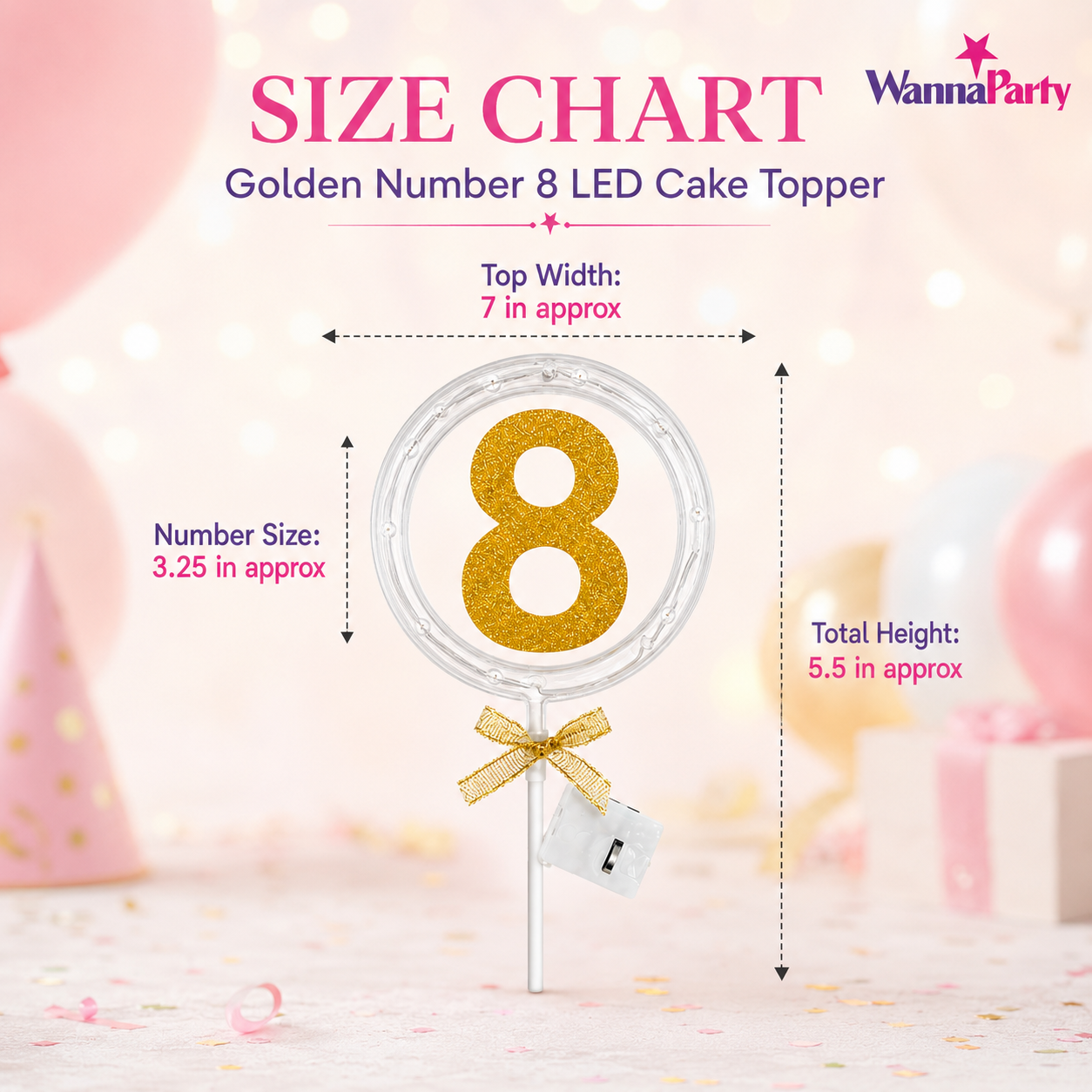 Round Light Up Golden Number 8 LED Cake Topper | Golden Glitter Number with built in light string & Bow | Cake Decoration Kit - 1PC