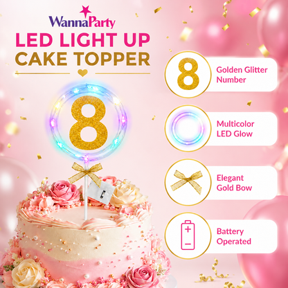Round Light Up Golden Number 8 LED Cake Topper | Golden Glitter Number with built in light string & Bow | Cake Decoration Kit - 1PC