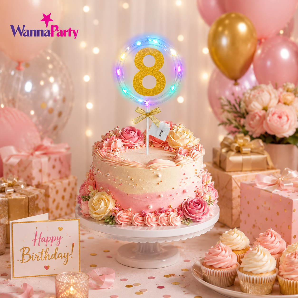 Round Light Up Golden Number 8 LED Cake Topper | Golden Glitter Number with built in light string & Bow | Cake Decoration Kit - 1PC