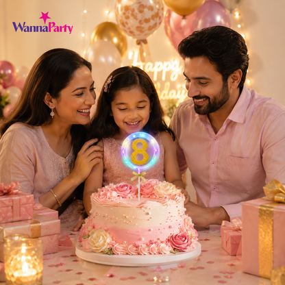 Round Light Up Golden Number 8 LED Cake Topper | Golden Glitter Number with built in light string & Bow | Cake Decoration Kit - 1PC