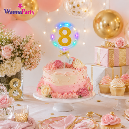 Round Light Up Golden Number 8 LED Cake Topper | Golden Glitter Number with built in light string & Bow | Cake Decoration Kit - 1PC