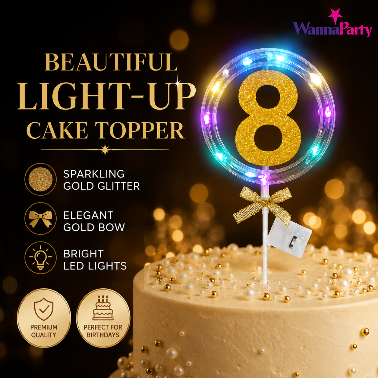 Round Light Up Golden Number 8 LED Cake Topper | Golden Glitter Number with built in light string & Bow | Cake Decoration Kit - 1PC