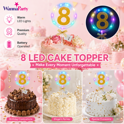 Round Light Up Golden Number 8 LED Cake Topper | Golden Glitter Number with built in light string & Bow | Cake Decoration Kit - 1PC
