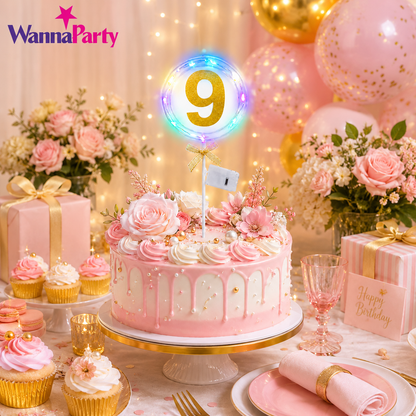 Round Light Up Golden Number 9 LED Cake Topper | Golden Glitter Number with built in light string & Bow | Cake Decoration Kit - 1PC
