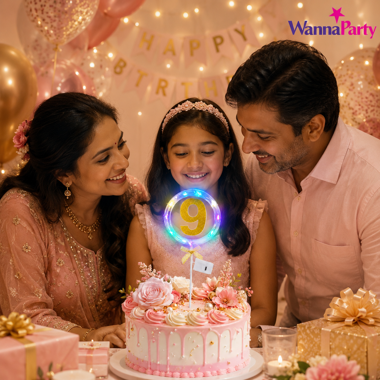Round Light Up Golden Number 9 LED Cake Topper | Golden Glitter Number with built in light string & Bow | Cake Decoration Kit - 1PC