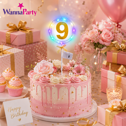 Round Light Up Golden Number 9 LED Cake Topper | Golden Glitter Number with built in light string & Bow | Cake Decoration Kit - 1PC