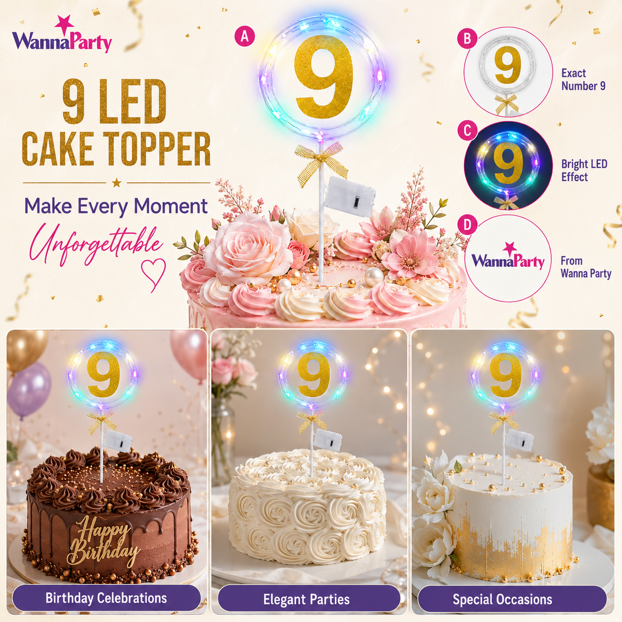 Round Light Up Golden Number 9 LED Cake Topper | Golden Glitter Number with built in light string & Bow | Cake Decoration Kit - 1PC