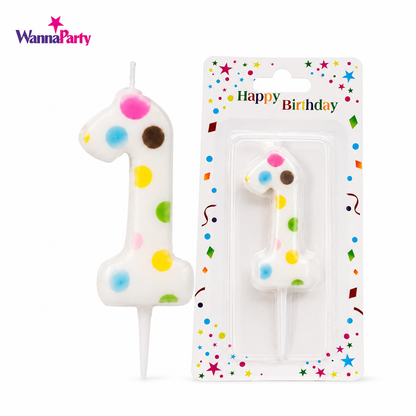 White Pastel Polka Dot Birthday Candle Number 1 | Numerical Candles for Cake Cutting - 1PC