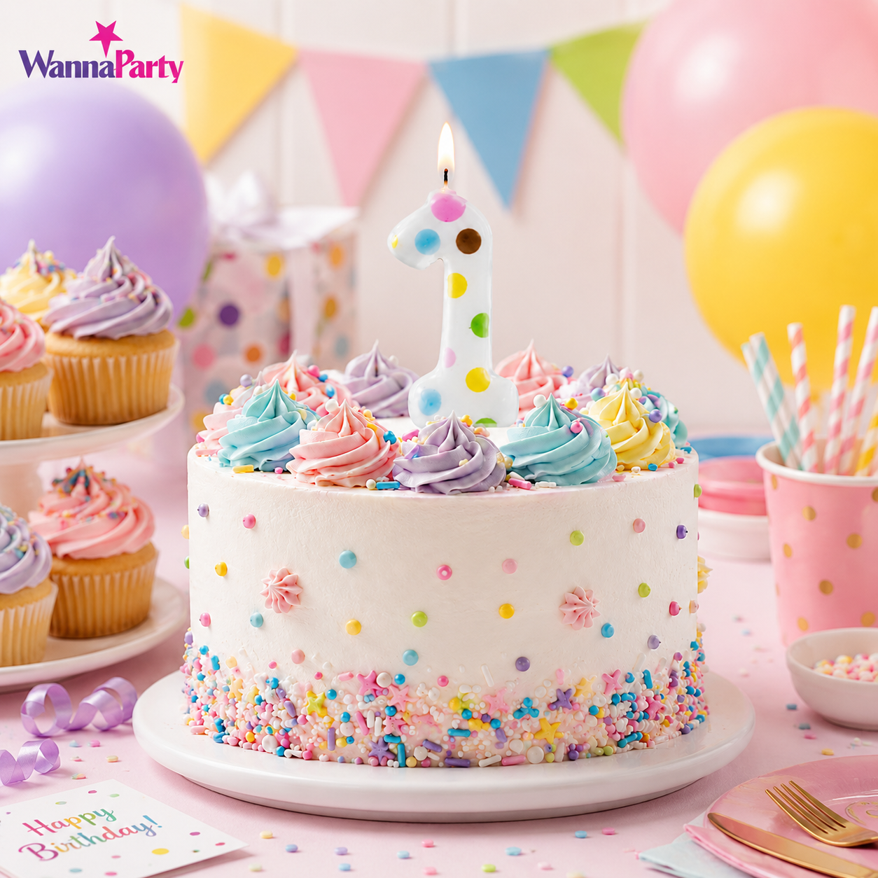White Pastel Polka Dot Birthday Candle Number 1 | Numerical Candles for Cake Cutting - 1PC