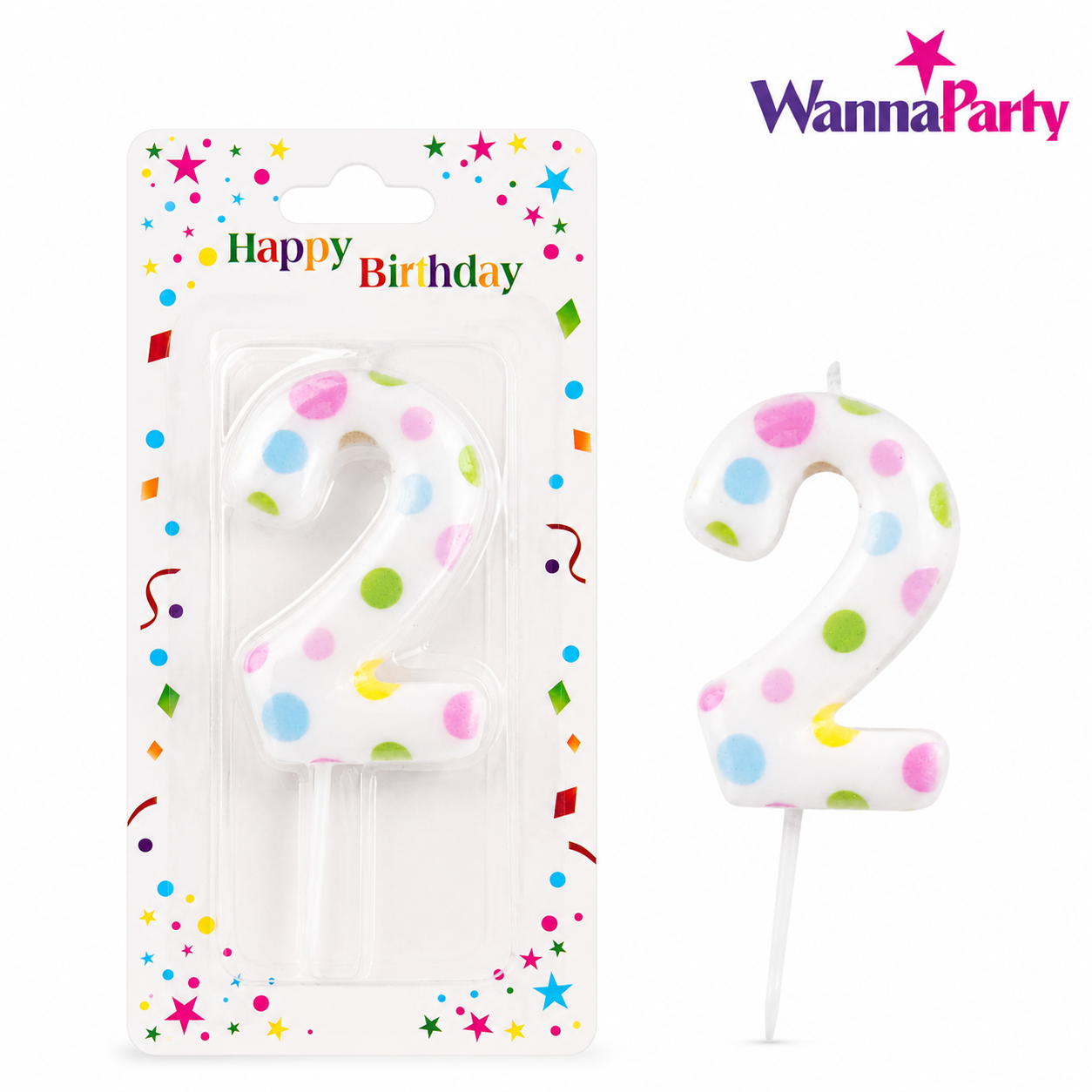 White Pastel Polka Dot Birthday Candle Number 2 | Numerical Candles for Cake Cutting - 1PC