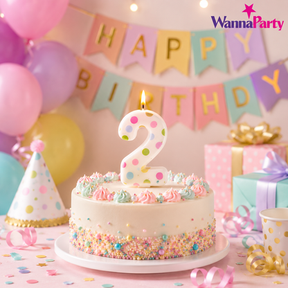 White Pastel Polka Dot Birthday Candle Number 2 | Numerical Candles for Cake Cutting - 1PC