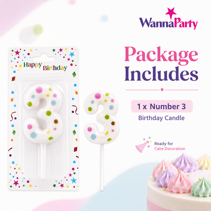 White Pastel Polka Dot Birthday Candle Number 3 | Numerical Candles for Cake Cutting - 1PC