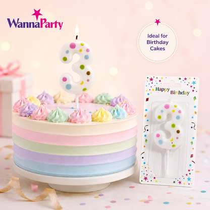 White Pastel Polka Dot Birthday Candle Number 3 | Numerical Candles for Cake Cutting - 1PC