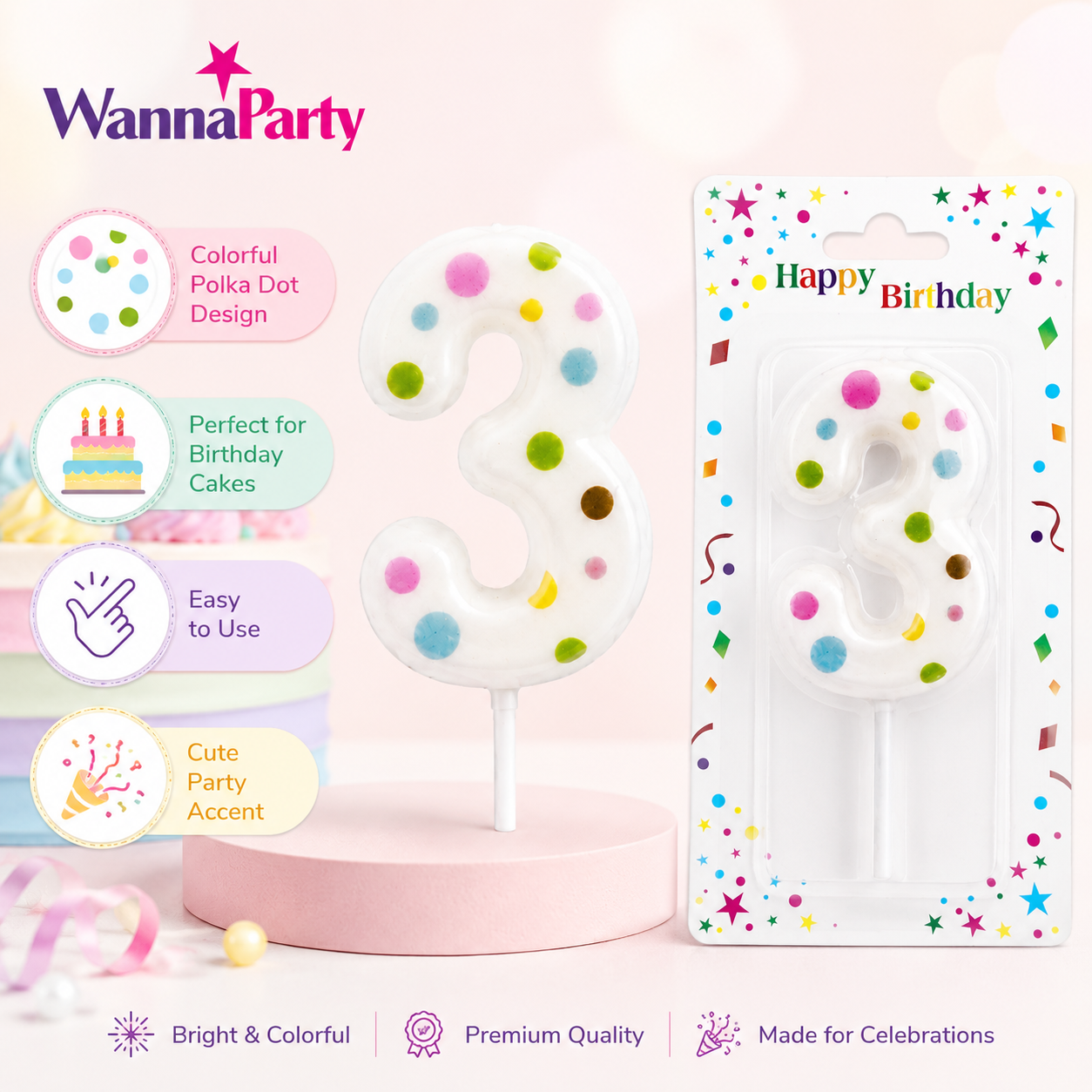 White Pastel Polka Dot Birthday Candle Number 3 | Numerical Candles for Cake Cutting - 1PC