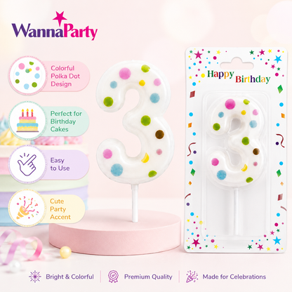 White Pastel Polka Dot Birthday Candle Number 3 | Numerical Candles for Cake Cutting - 1PC