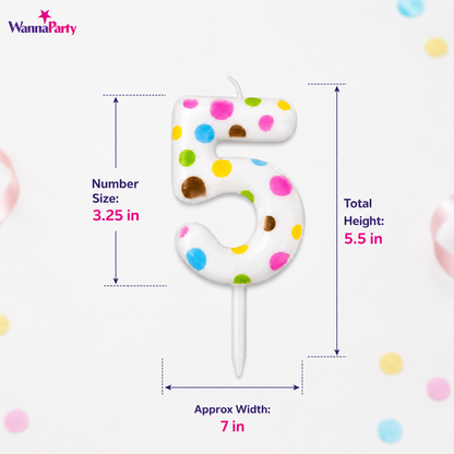 White Pastel Polka Dot Birthday Candle Number 5 | Numerical Candles for Cake Cutting - 1PC