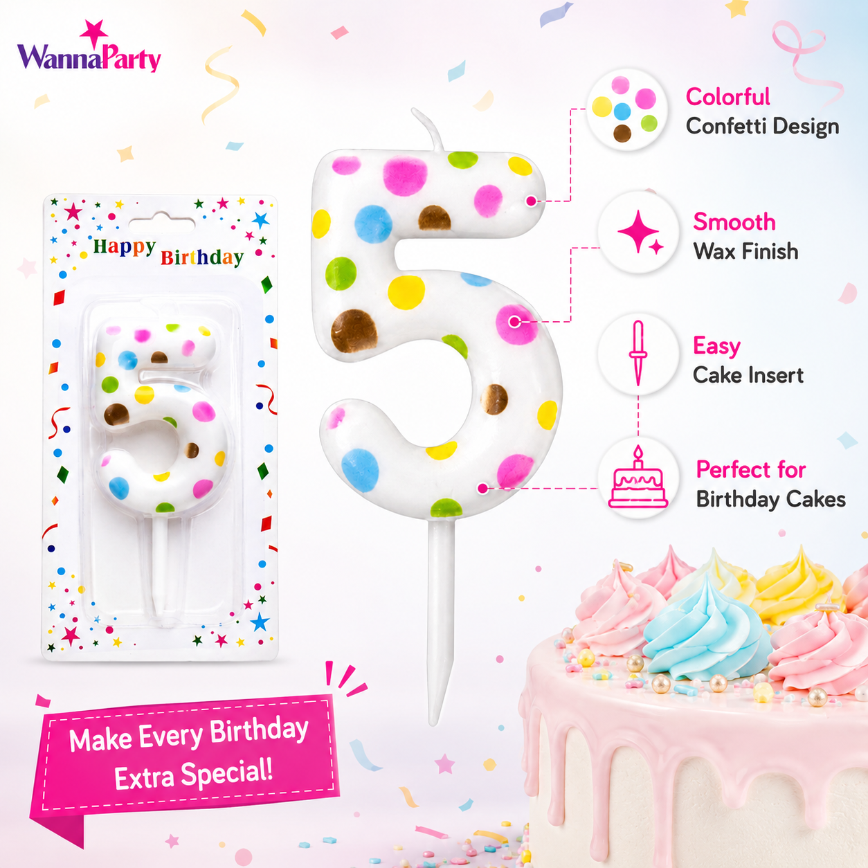 White Pastel Polka Dot Birthday Candle Number 5 | Numerical Candles for Cake Cutting - 1PC