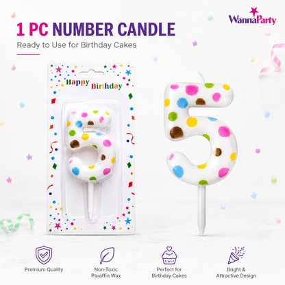 White Pastel Polka Dot Birthday Candle Number 5 | Numerical Candles for Cake Cutting - 1PC