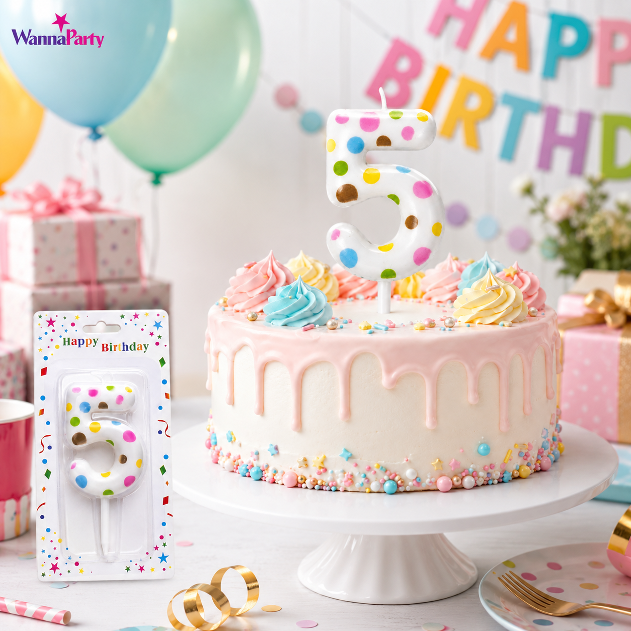 White Pastel Polka Dot Birthday Candle Number 5 | Numerical Candles for Cake Cutting - 1PC