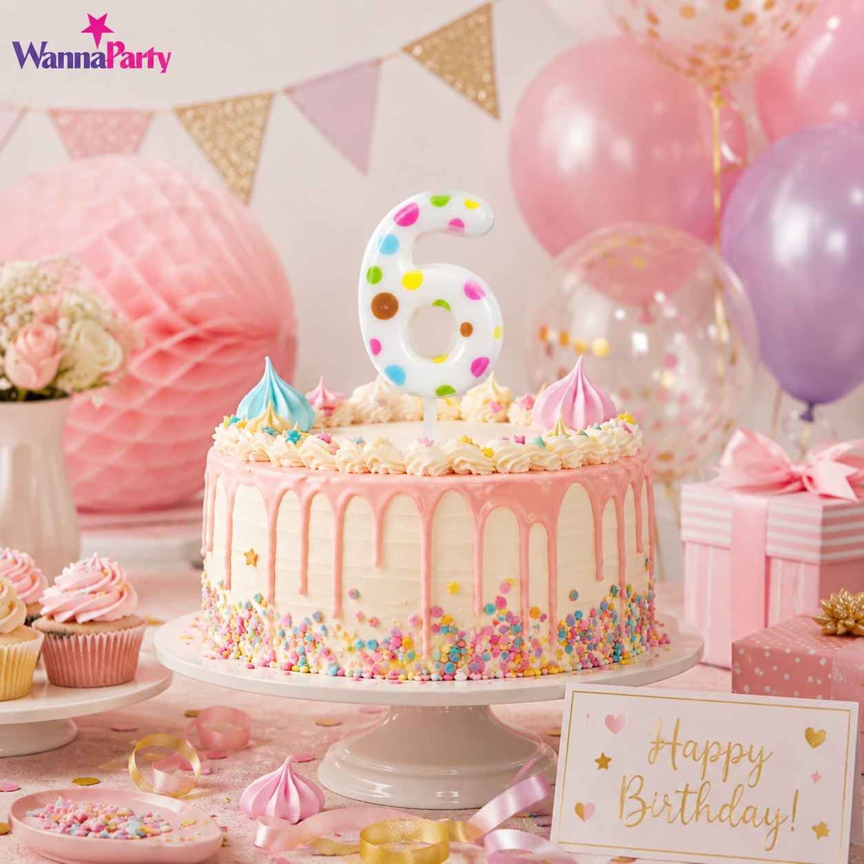 White Pastel Polka Dot Birthday Candle Number 6 | Numerical Candles for Cake Cutting - 1PC