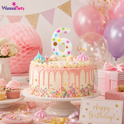 White Pastel Polka Dot Birthday Candle Number 6 | Numerical Candles for Cake Cutting - 1PC